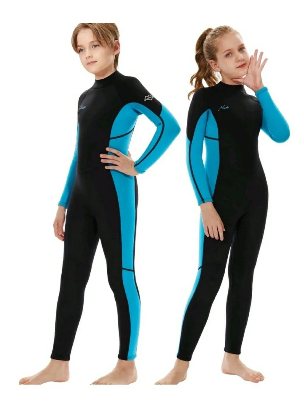 Hevto Wetsuit Kids Size 14 Black Blue Excellent 3/2mm Neoprene Full Bodysuit NEW